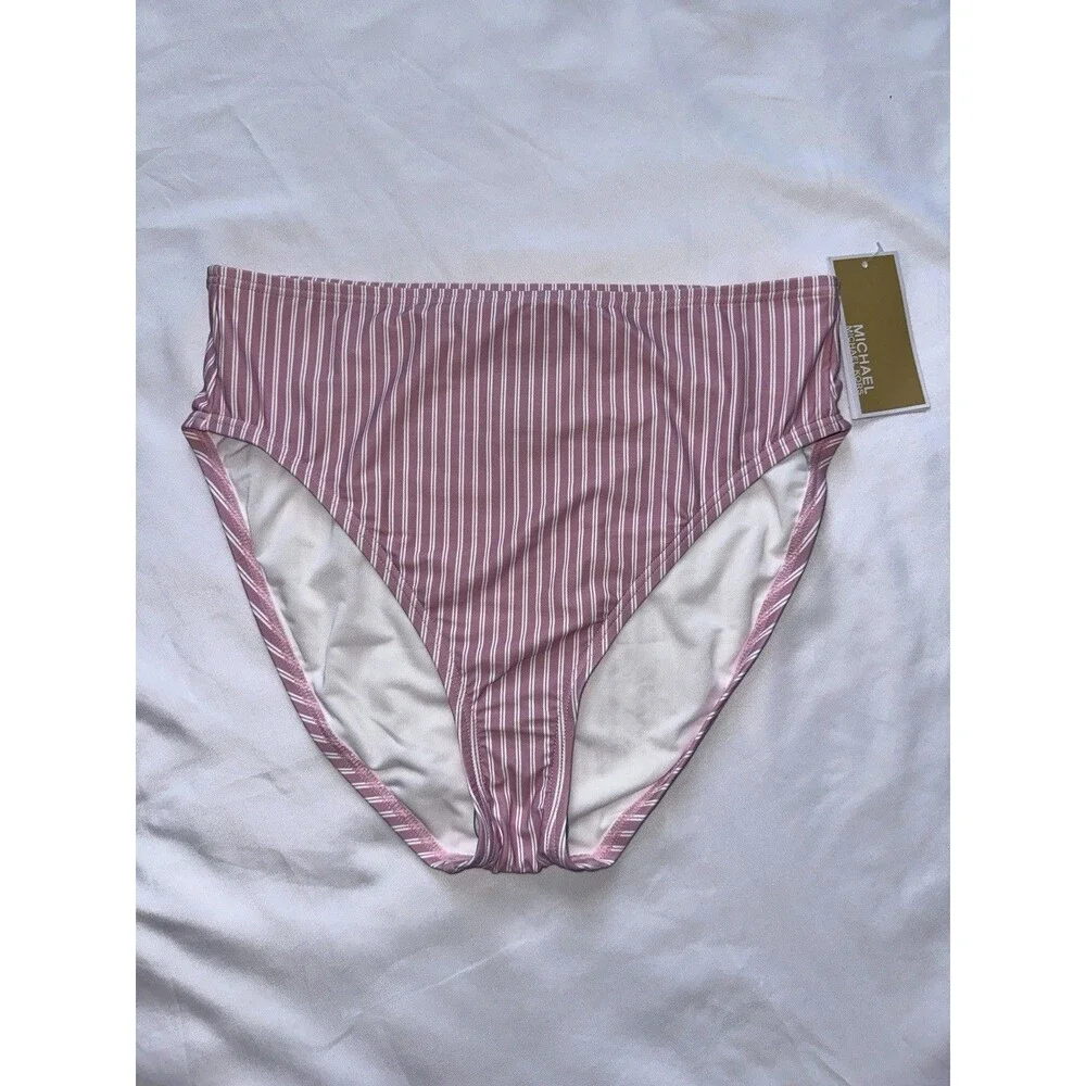 Michael Kors Women’s Pink & White Striped High-Waist Bikini Bottom Size Large